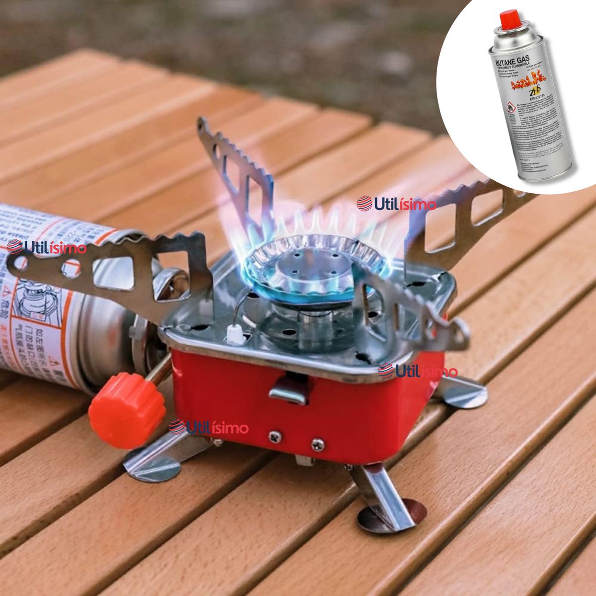 LINE - Mini Estufa A Gas Portátil + Cartuchos Gas Butano 220g