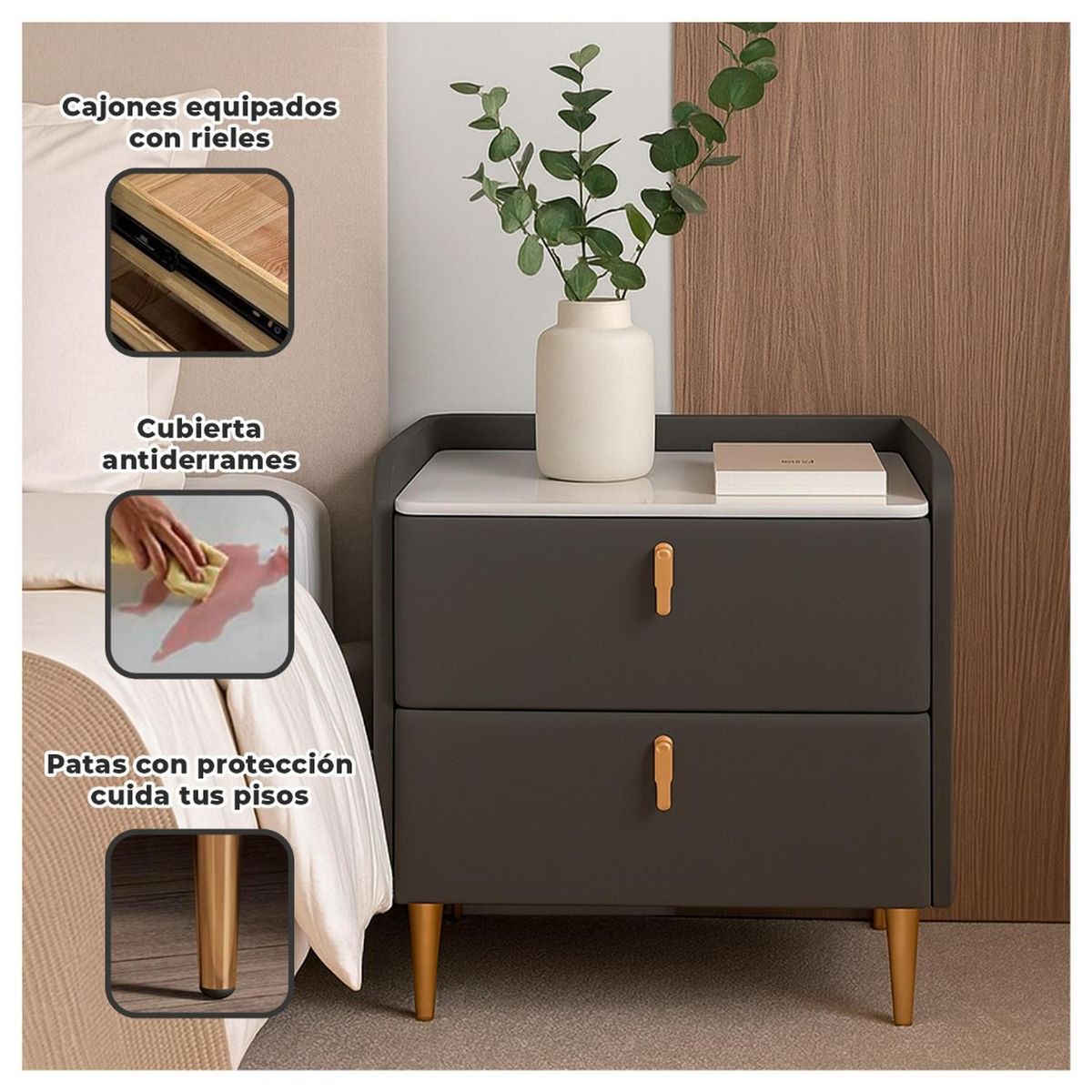 GLOBAL LATIN GROUP - Velador Moderno 2 Cajones con Patas Doradas Mesa de Noche de Lujo para Dormitorio