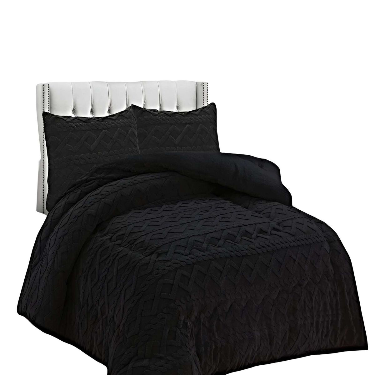GENERICO - JUEGO COBERTOR DE INVIERNO CON TEXTURA 1.5 PLAZA 180X200CM P NEGRO