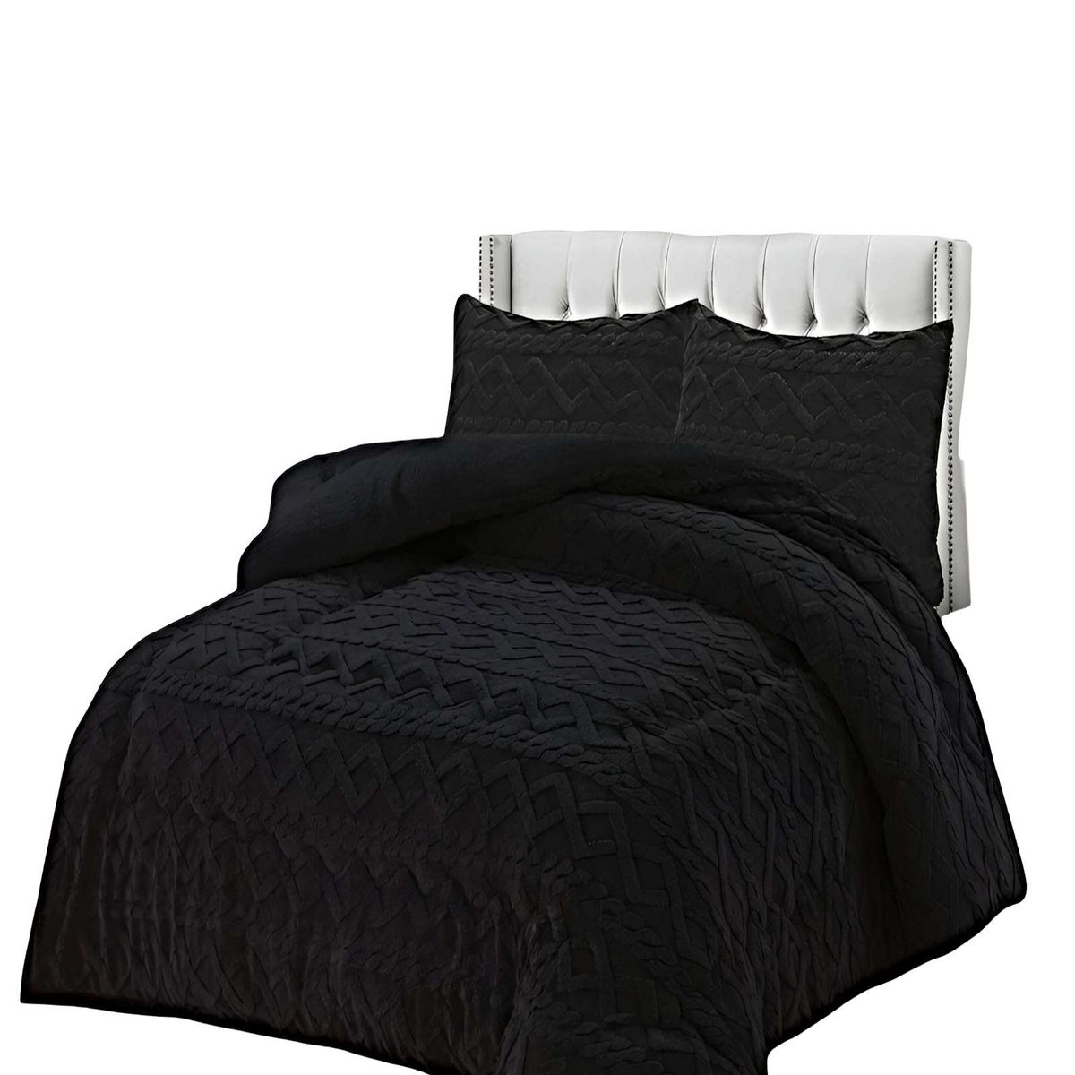GENERICO - JUEGO COBERTOR DE INVIERNO CON TEXTURA 1.5 PLAZA 180X200CM P NEGRO