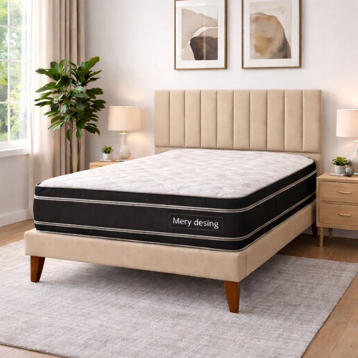 GENERICO - Cama Plaza y Media Turin Beige Respaldo + Base + Colchon Mery Desing Excellence Plus