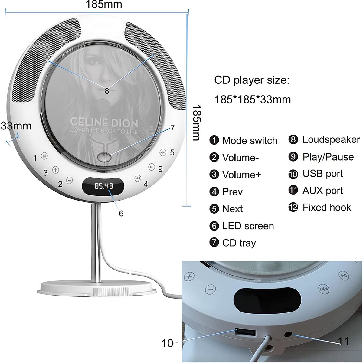 PUREPOWER - Reproductor de CD portátil con Bluetooth para montar en la pared