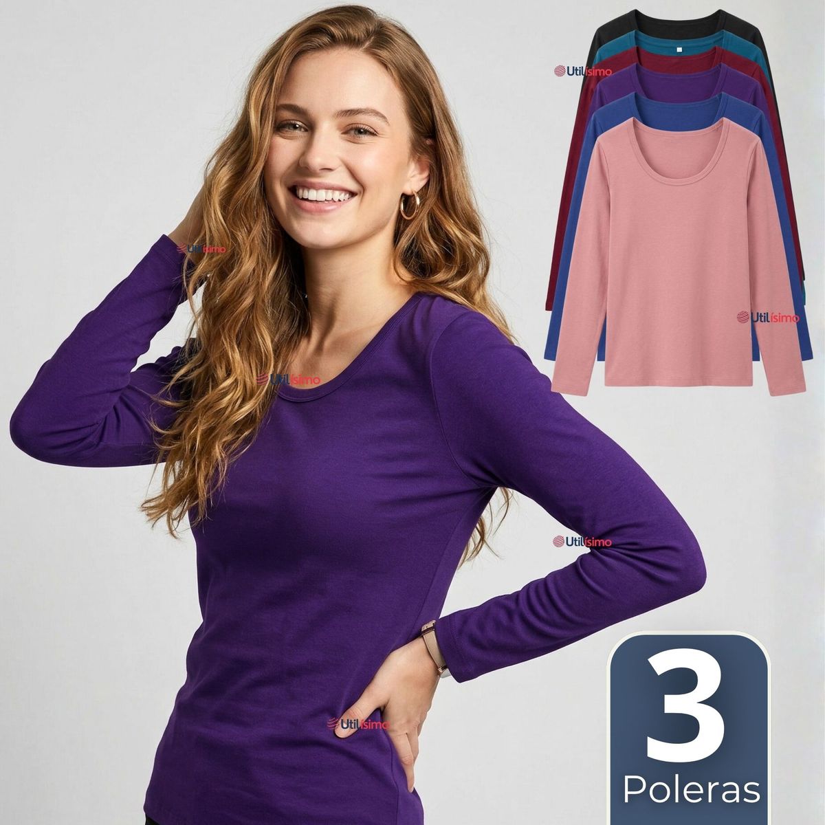UTILISIMO - Pack 3 Camisetas Poleras Bambú Primera Capa Manga Larga Colores Surtidos Mujer