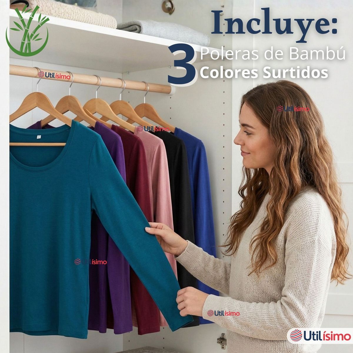 UTILISIMO - Pack 3 Camisetas Poleras Bambú Primera Capa Manga Larga Colores Surtidos Mujer