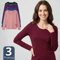 UTILISIMO - Pack 3 Camisetas Poleras Bambú Primera Capa Manga Larga Colores Surtidos Mujer