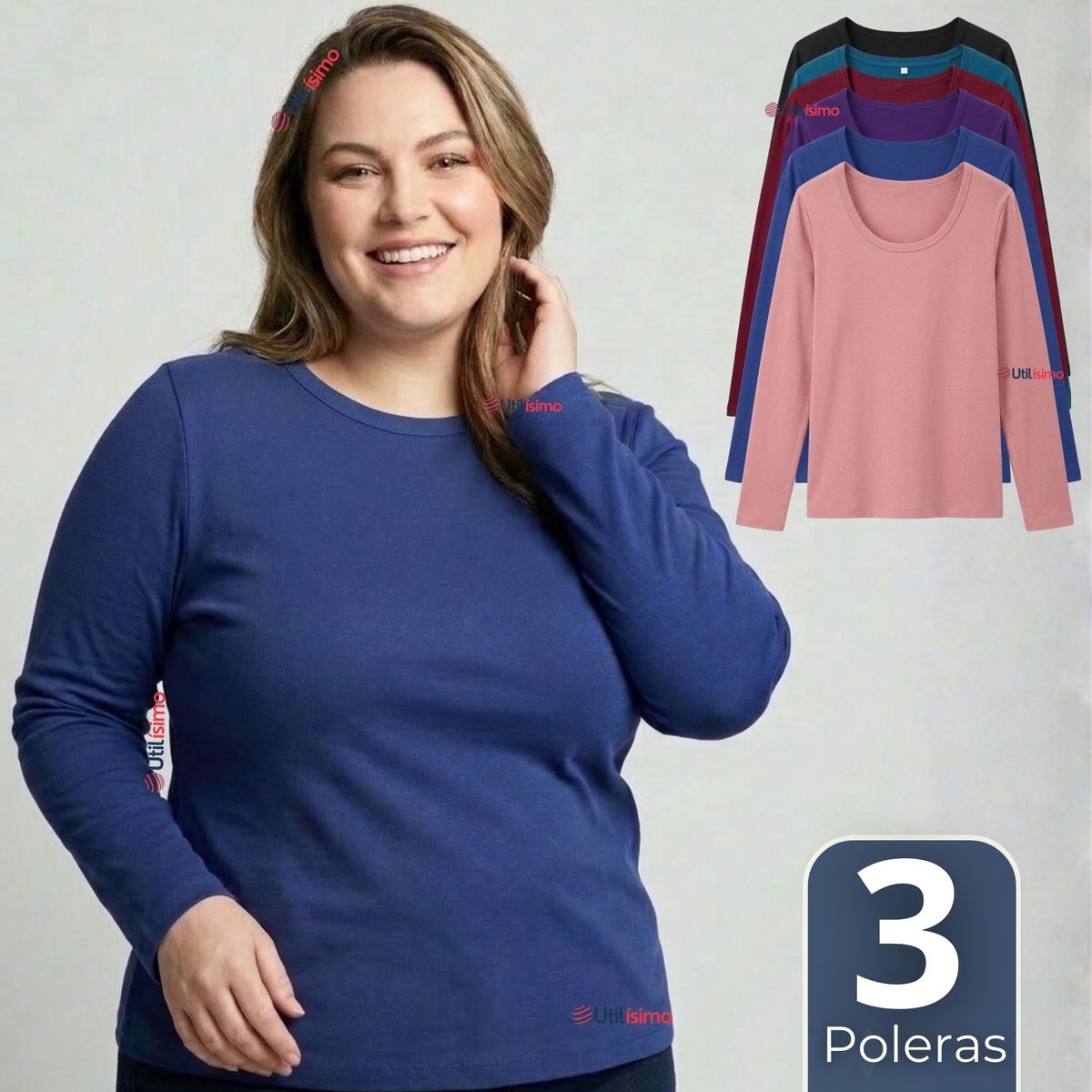 UTILISIMO - Pack 3 Camisetas Poleras Bambú Primera Capa Manga Larga Colores Surtidos Mujer