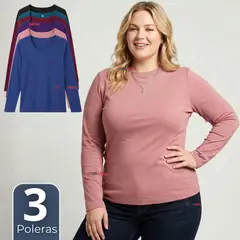 UTILISIMO - Pack 3 Camisetas Poleras Bambú Primera Capa Manga Larga Colores Surtidos Mujer