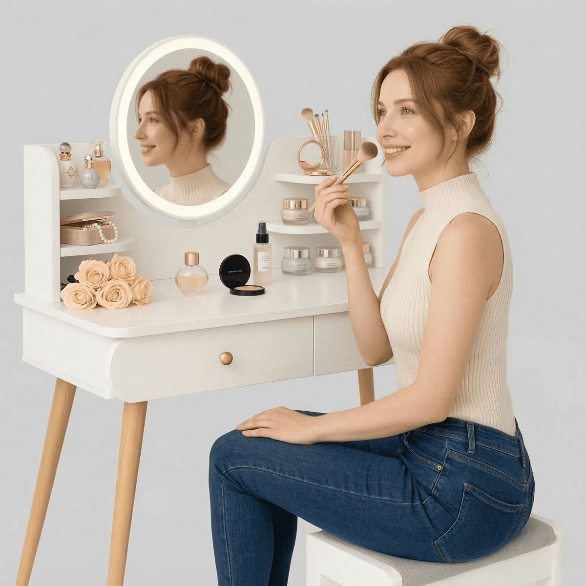 MOVI - Tocador Maquillaje con Espejo Luz LED + Taburete