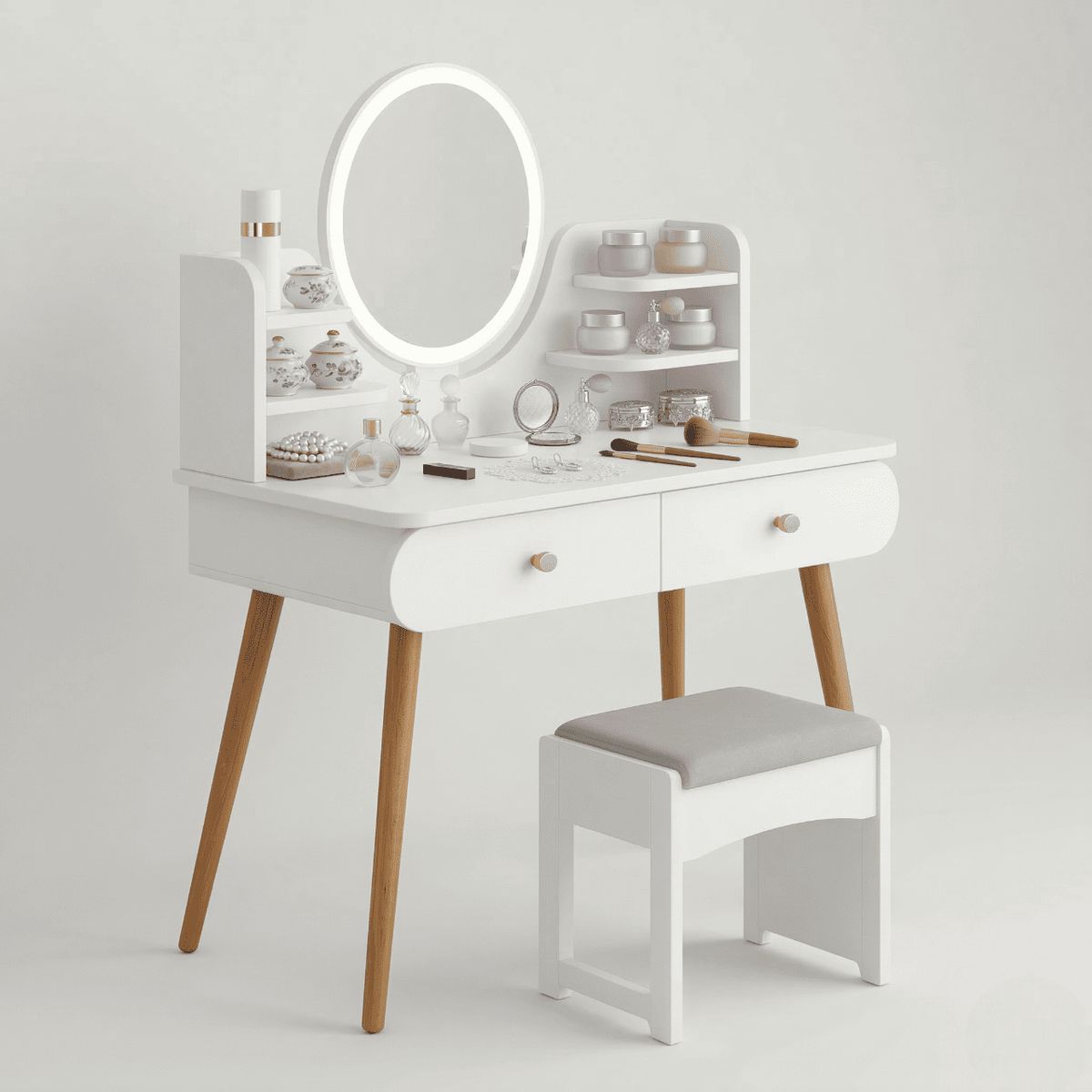 MOVI - Tocador Maquillaje con Espejo Luz LED + Taburete