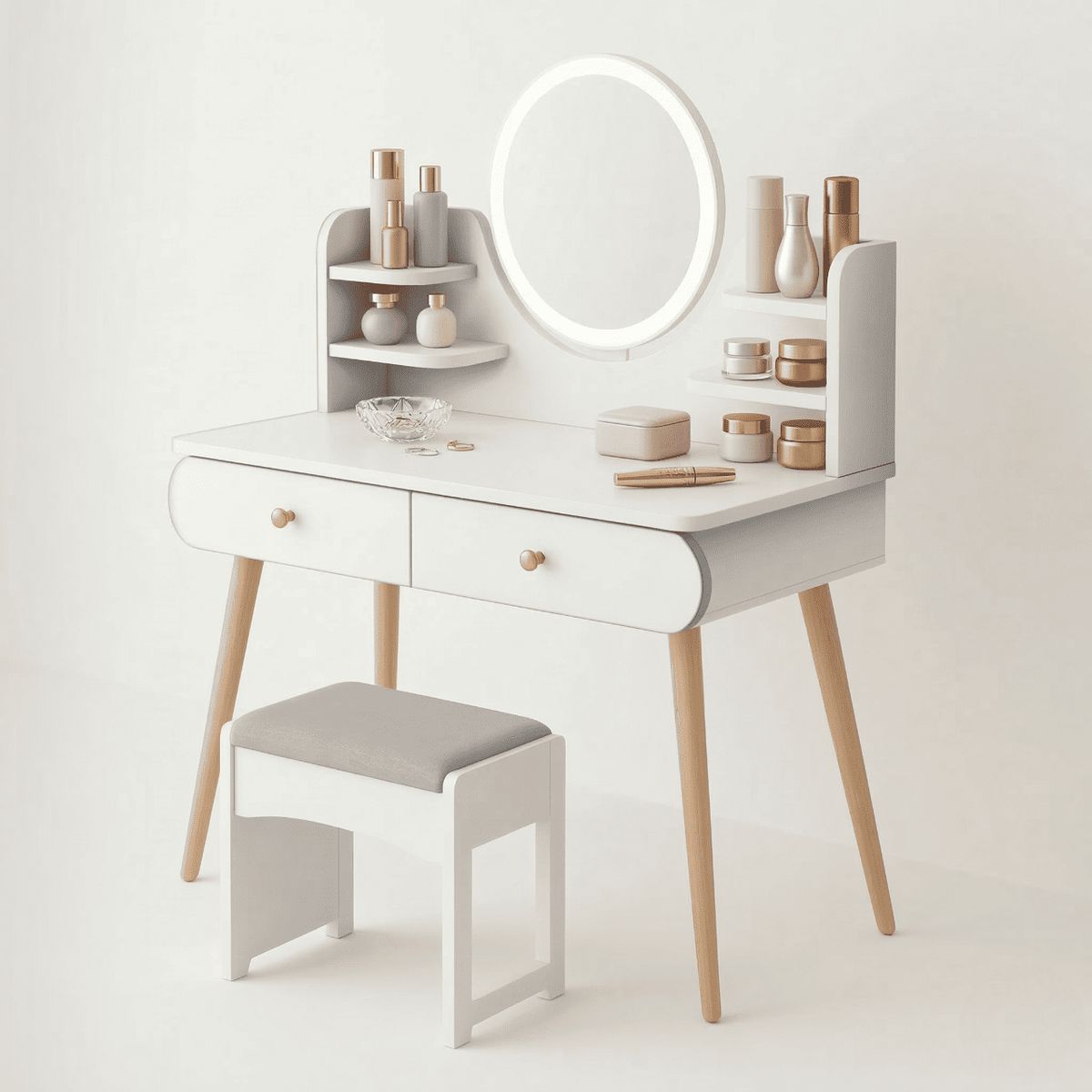 MOVI - Tocador Maquillaje con Espejo Luz LED + Taburete