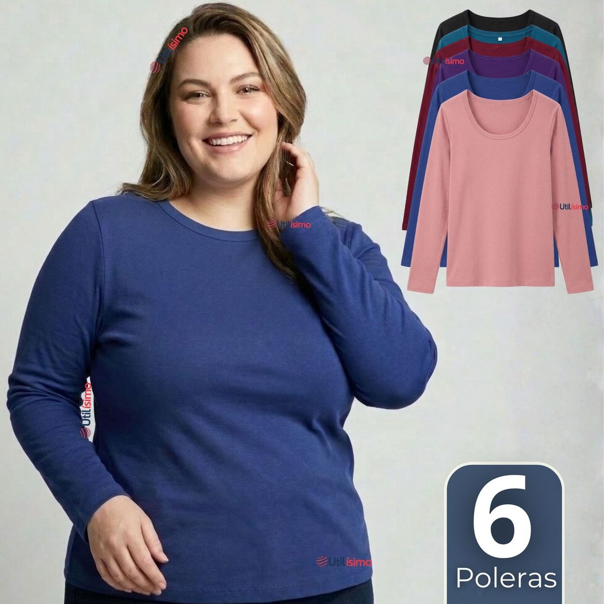 UTILISIMO - Pack 6 Camisetas Poleras Bambú Primera Capa Manga Larga Colores Surtidos Mujer