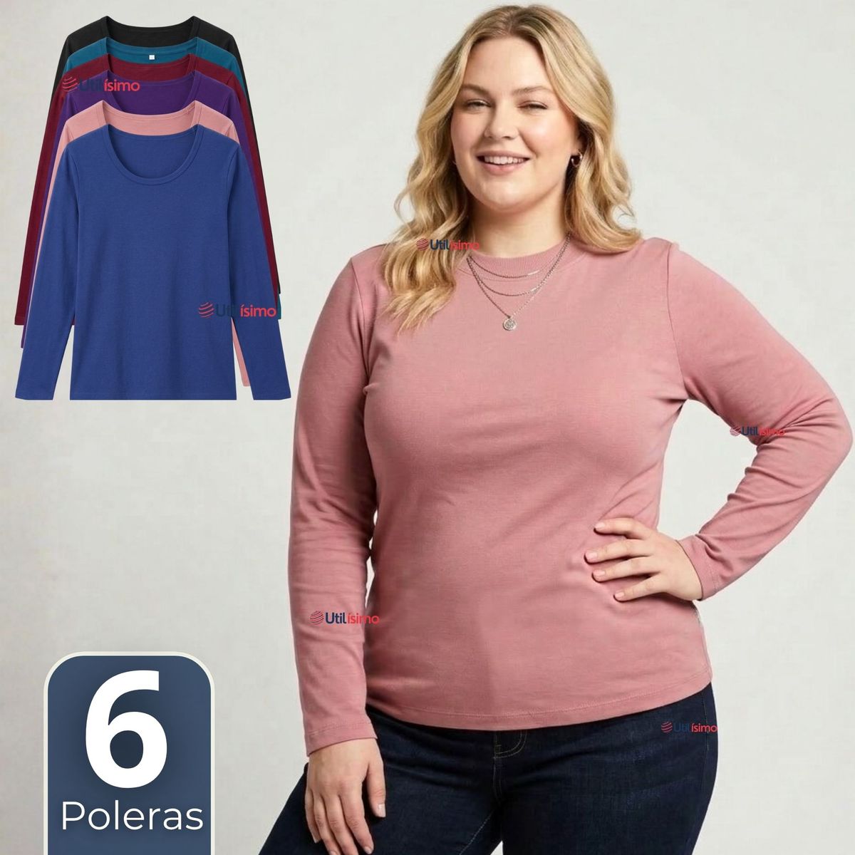 UTILISIMO - Pack 6 Camisetas Poleras Bambú Primera Capa Manga Larga Colores Surtidos Mujer