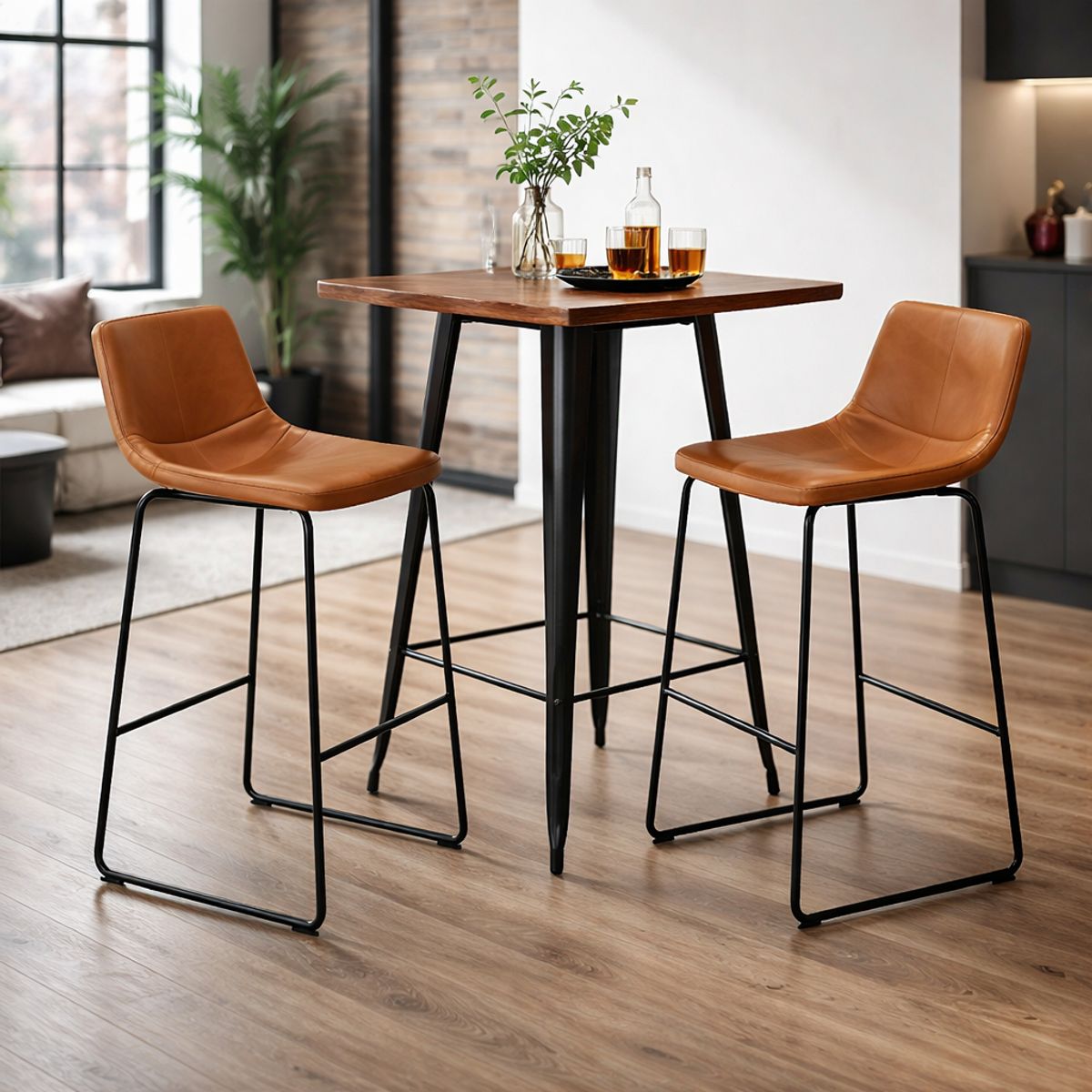 SPACE HOME - Mesa Alta Bar Negra Industrial Cubierta Madera 60x60x105