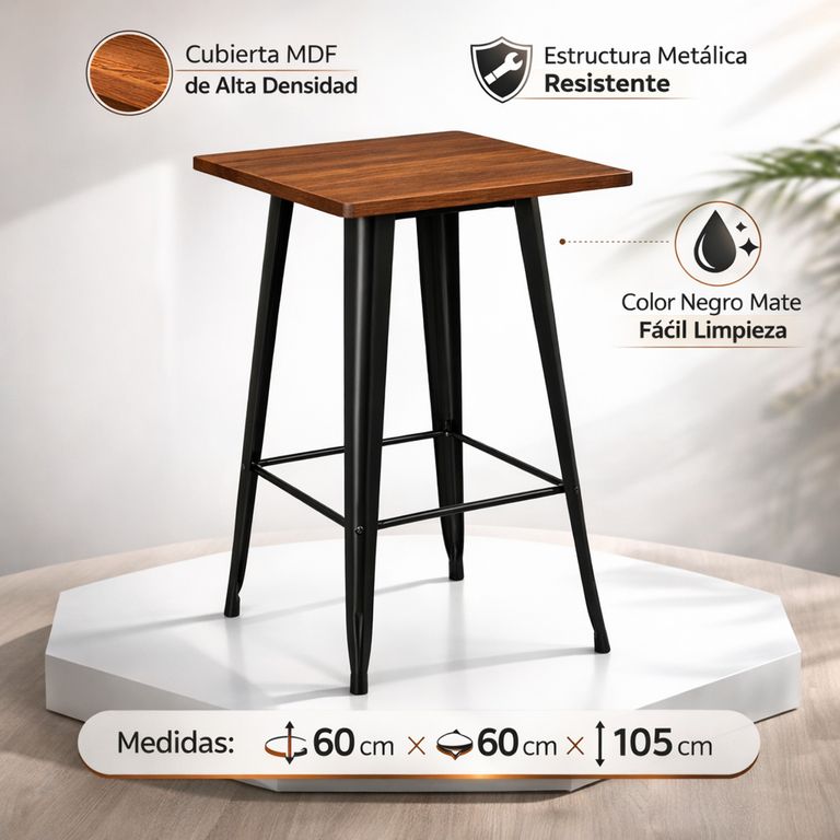 Mesa Bar Industrial Negra Con Cubierta Madera 60x60x105 Cm