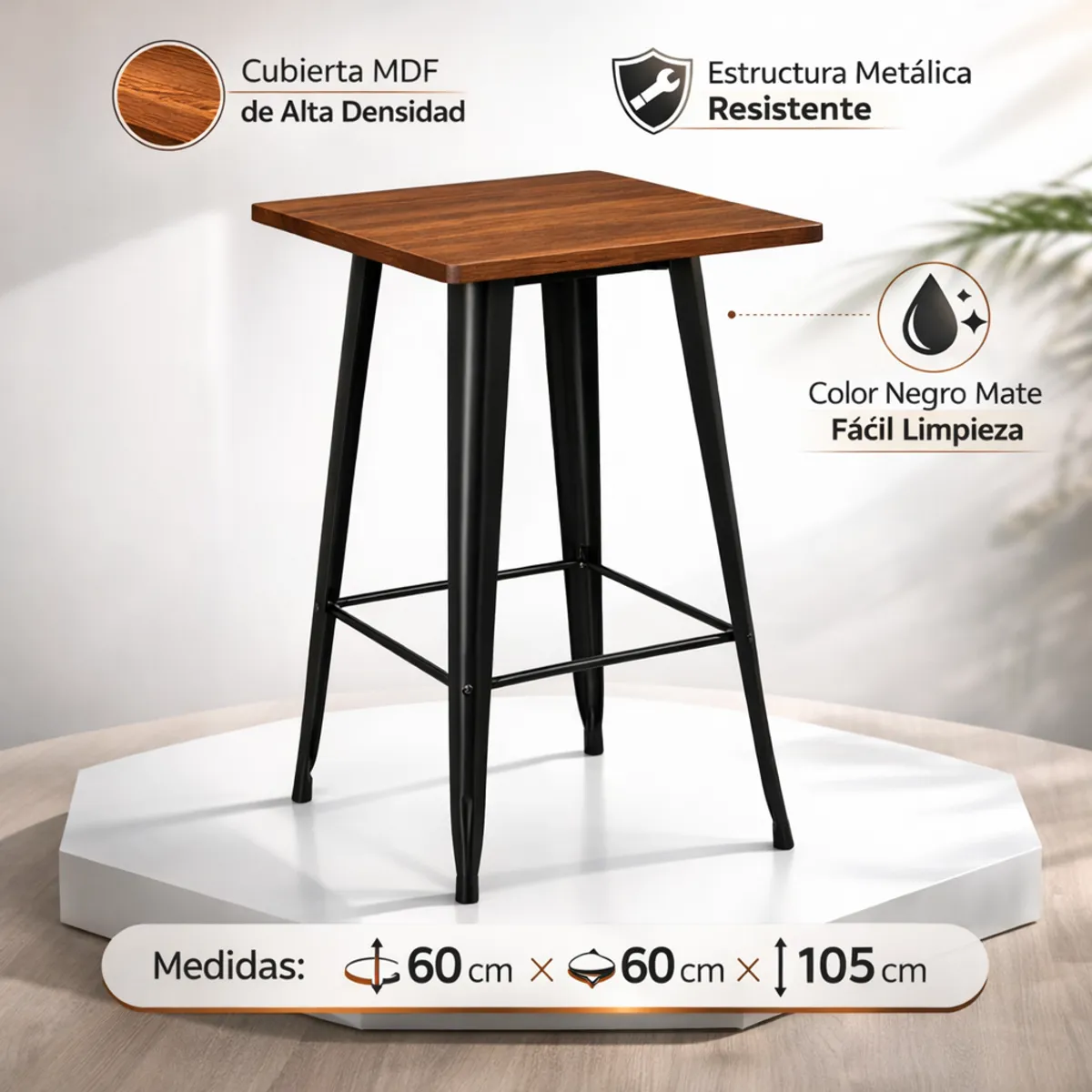 SPACE HOME - Mesa Bar Industrial Negra Con Cubierta Madera 60x60x105 Cm