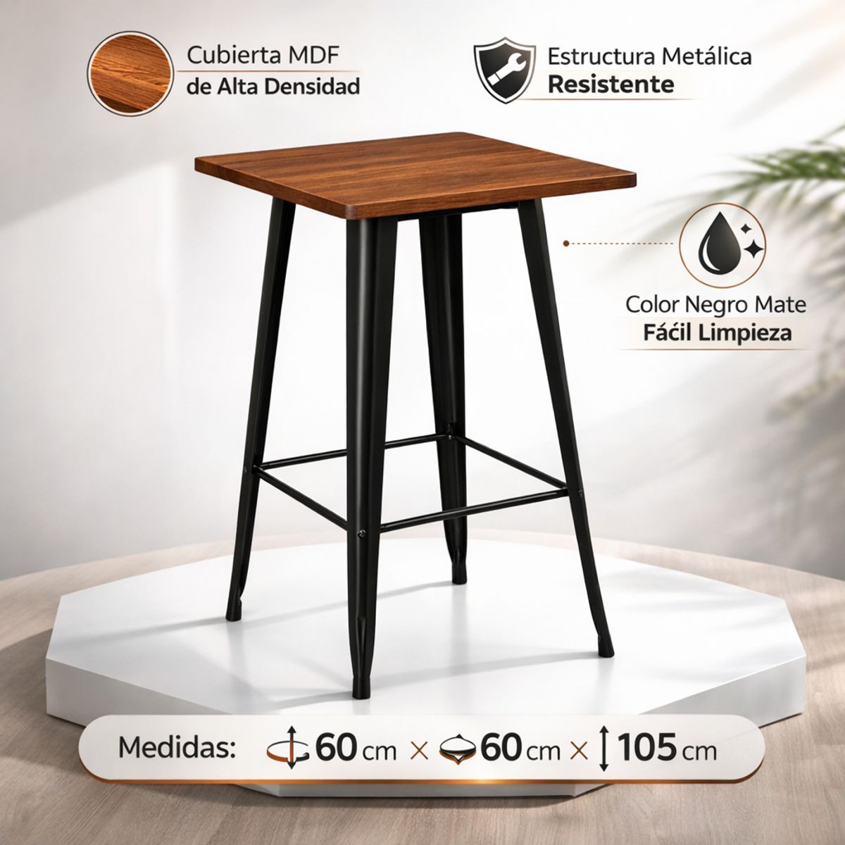SPACE HOME - Mesa Bar Industrial Negra Con Cubierta Madera 60x60x105 Cm