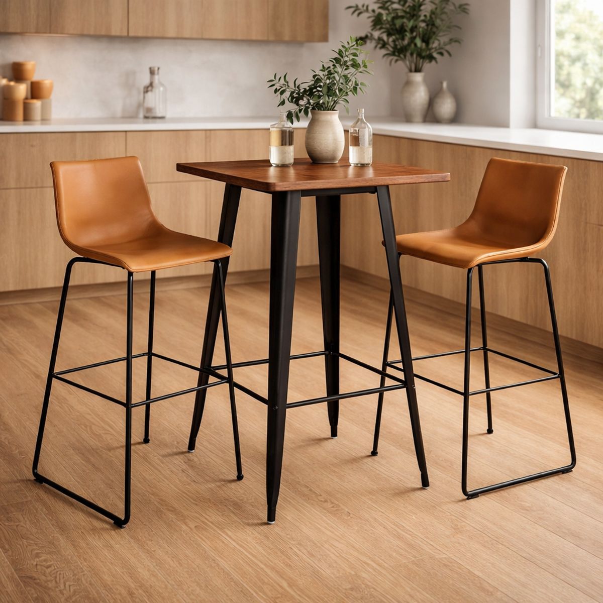 SPACE HOME - Mesa Bar Negra Estilo Industrial Cubierta Madera 60x60x105