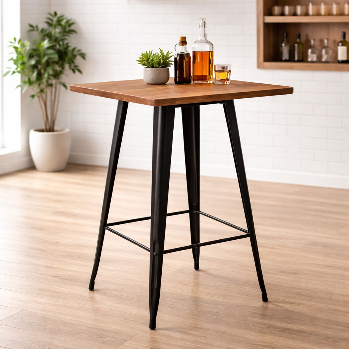 SPACE HOME - Mesa Bar Negra Estilo Industrial Cubierta Madera 60x60x105