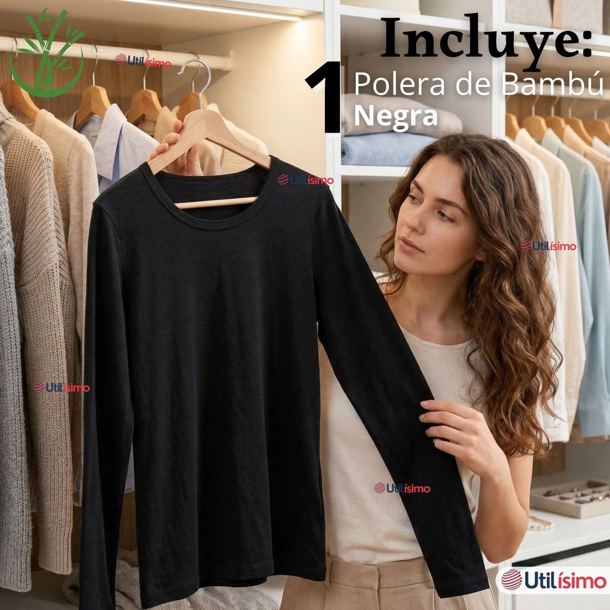 UTILISIMO - Camiseta Polera Bambú Primera Capa Negro Manga Larga Mujer