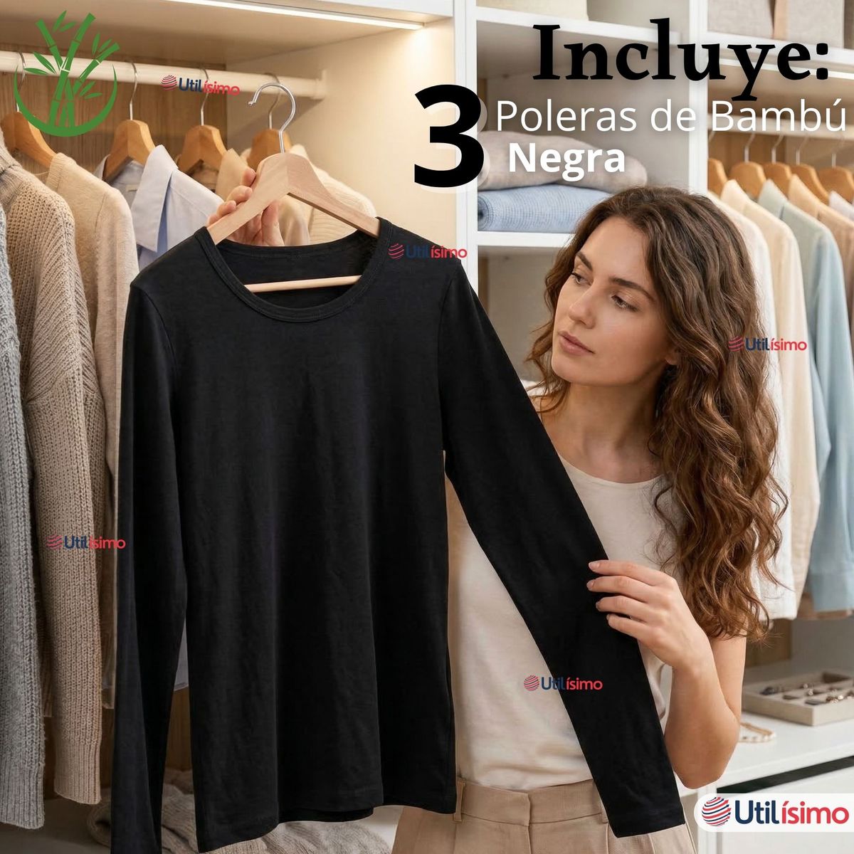 UTILISIMO - Pack 3 Camisetas Poleras Bambú Primera Capa Negro Manga Larga Mujer