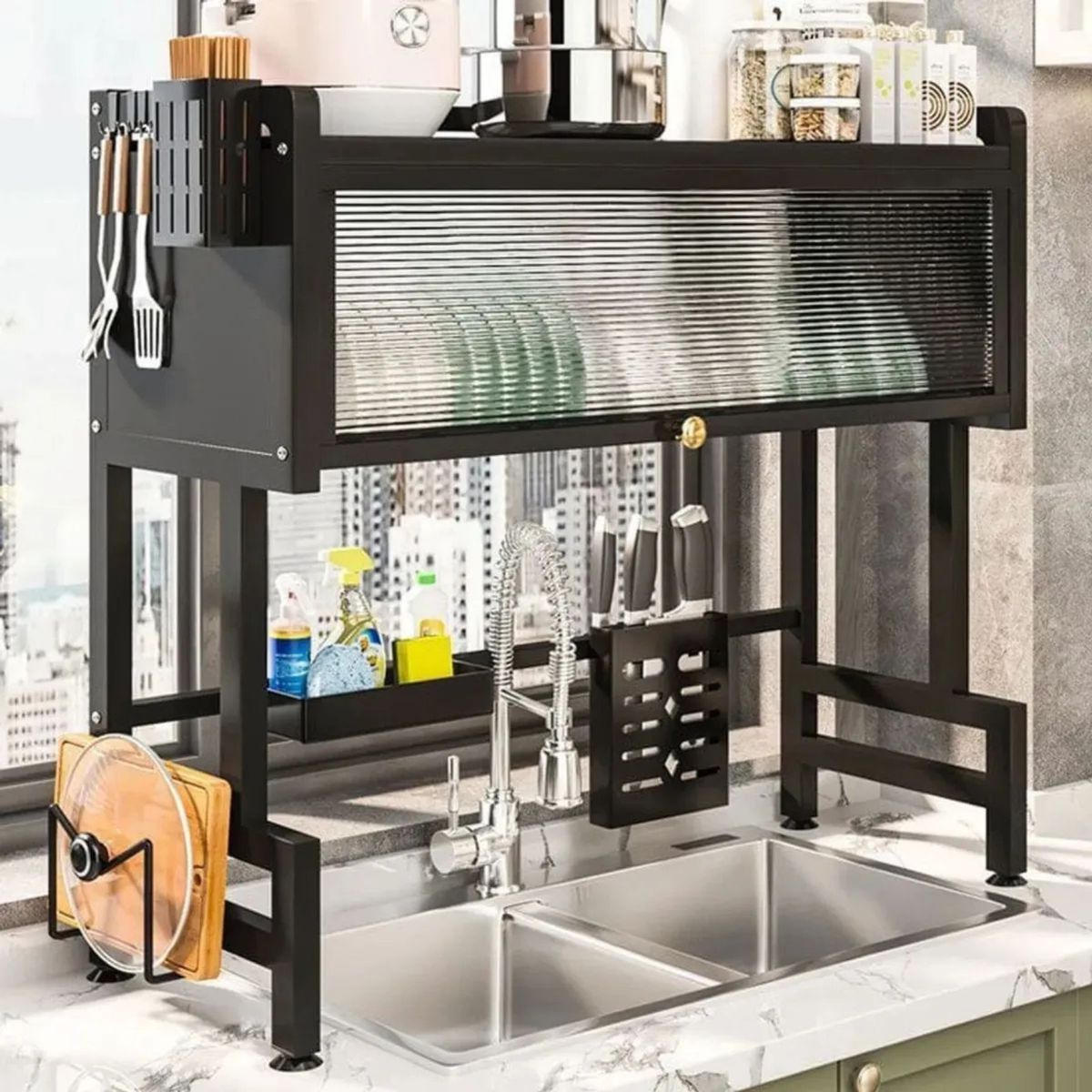 MOVI - Secaplatos Escurridor de Cocina con Puerta y Soporte para Accesorios