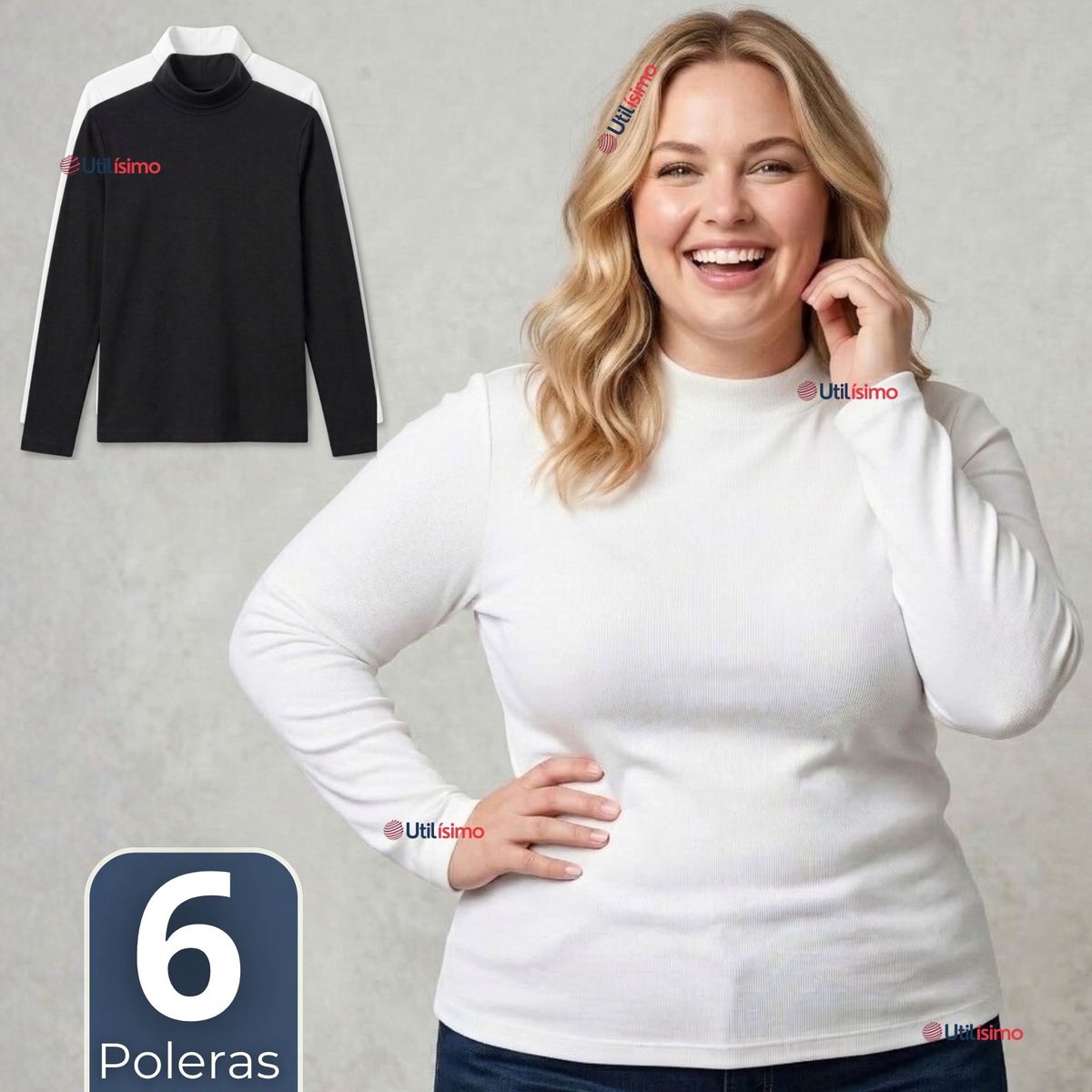 UTILISIMO - Pack 6 Camisetas Poleras Bambú Primera Capa Cuello Beatle Manga Larga Colores Surtidos Mujer