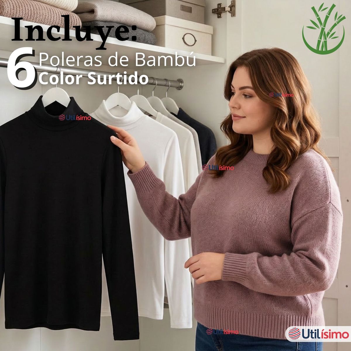 UTILISIMO - Pack 6 Camisetas Poleras Bambú Primera Capa Cuello Beatle Manga Larga Colores Surtidos Mujer