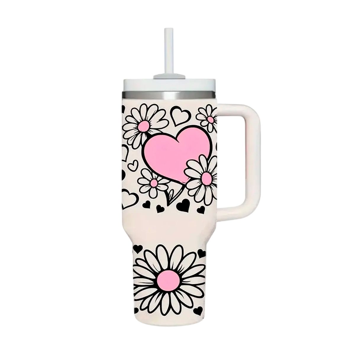 GENERICO - Vaso Térmico corazon y flores 1.2 Litros Acero Inoxidable con Bombilla