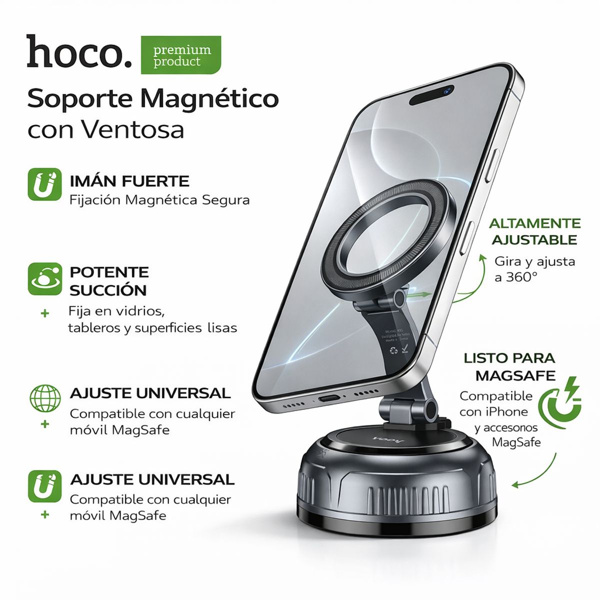 HOCO - Soporte Celular Para Auto 360 Magnético Con Ventosa Fuerte