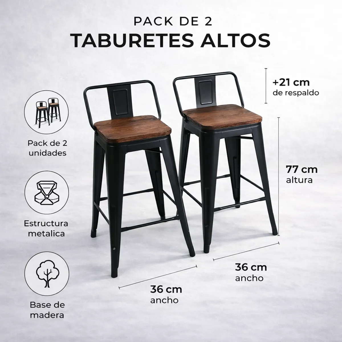 SPACE HOME - Sillas Altas Negras Para Barra 36x98 Cm Con Respaldo Set De 2