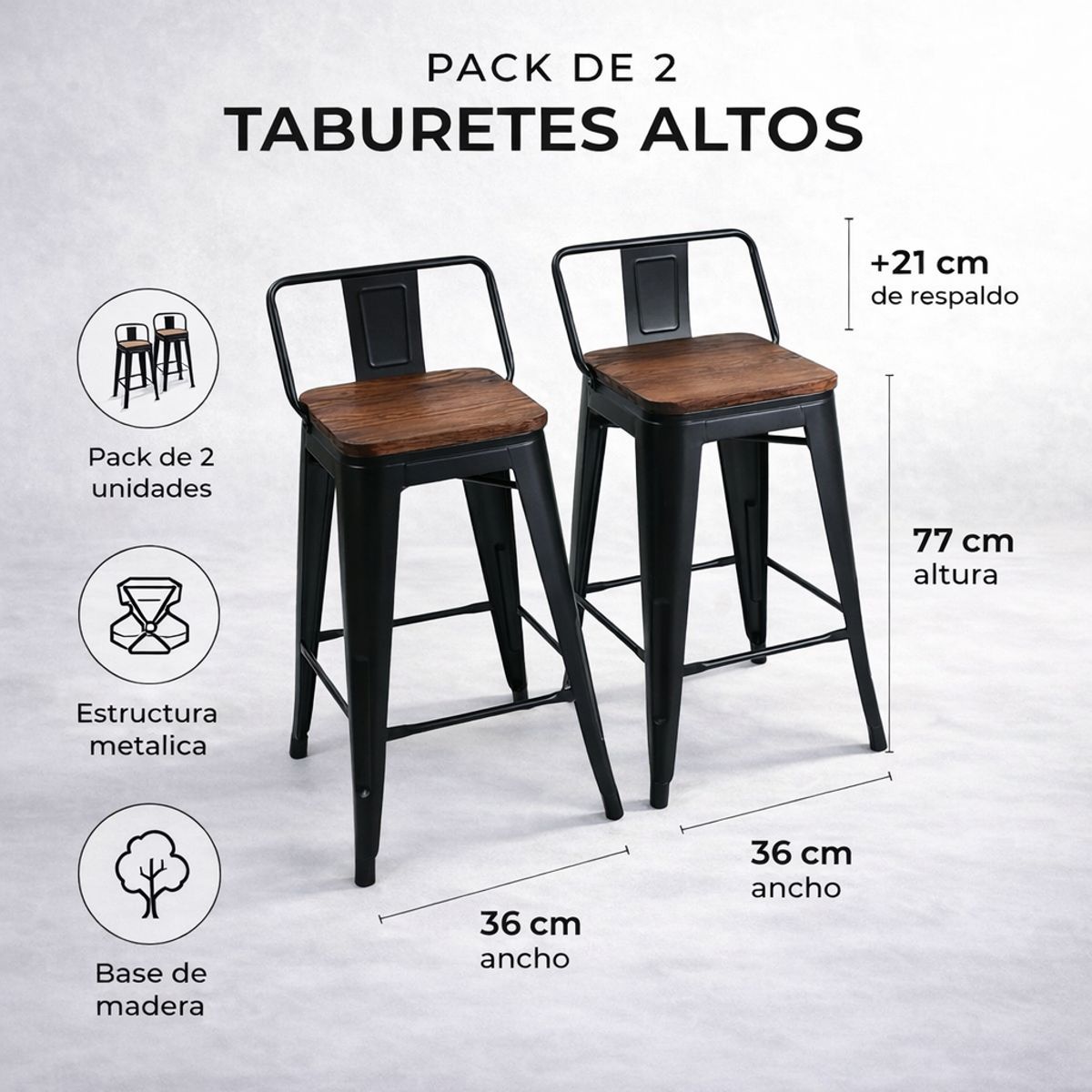 SPACE HOME - Sillas Altas Negras Para Barra 36x98 Cm Con Respaldo Set De 2