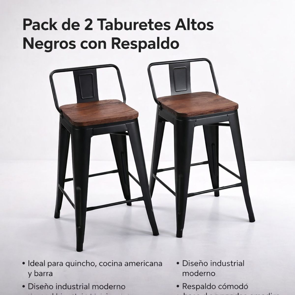 SPACE HOME - Sillas Altas Negras Para Barra 36x98 Cm Con Respaldo Set De 2