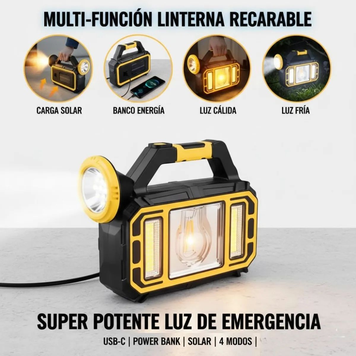 MOVI - Linterna de Emergencia Recargable con Panel Solar- Sirve como Cargador