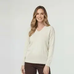 LINEATRE - Sweater Mujer Giovanna Relaxed Cuello En V Manga Caída Crudo