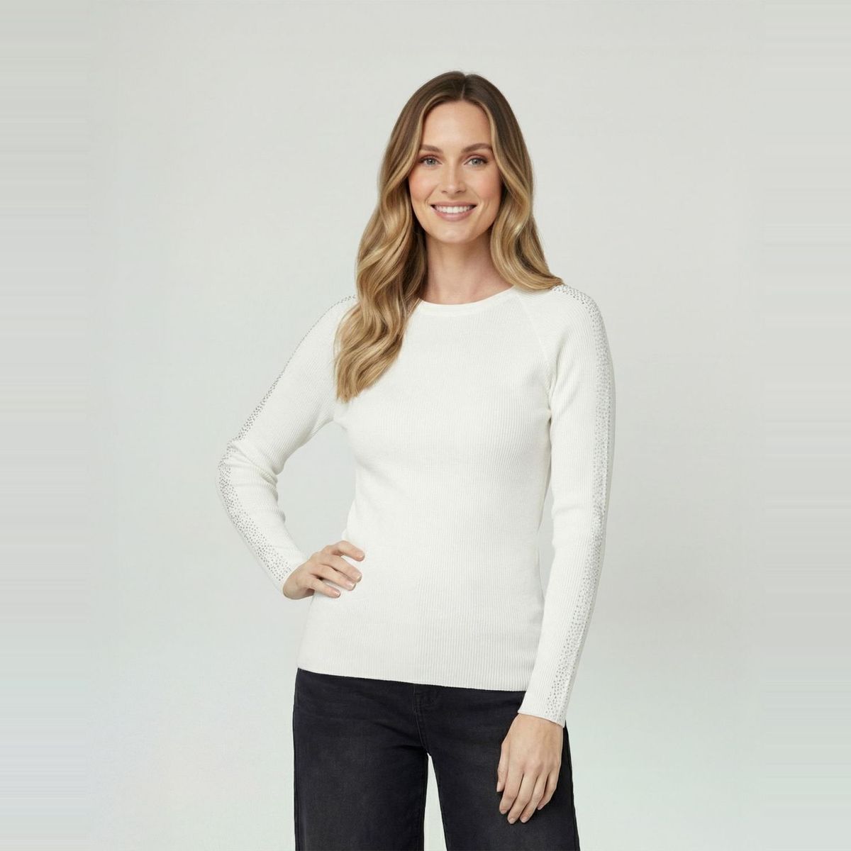 LINEATRE - Sweater Mujer Giuliana Slim Fit Cuello Redondo Manga Caída Crudo Lineatre