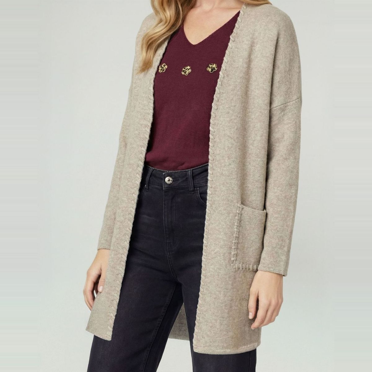 LINEATRE - Cardigan Mujer Gianna Relaxed Cuello Tipo Kimono Manga Caída Crudo Lineatre