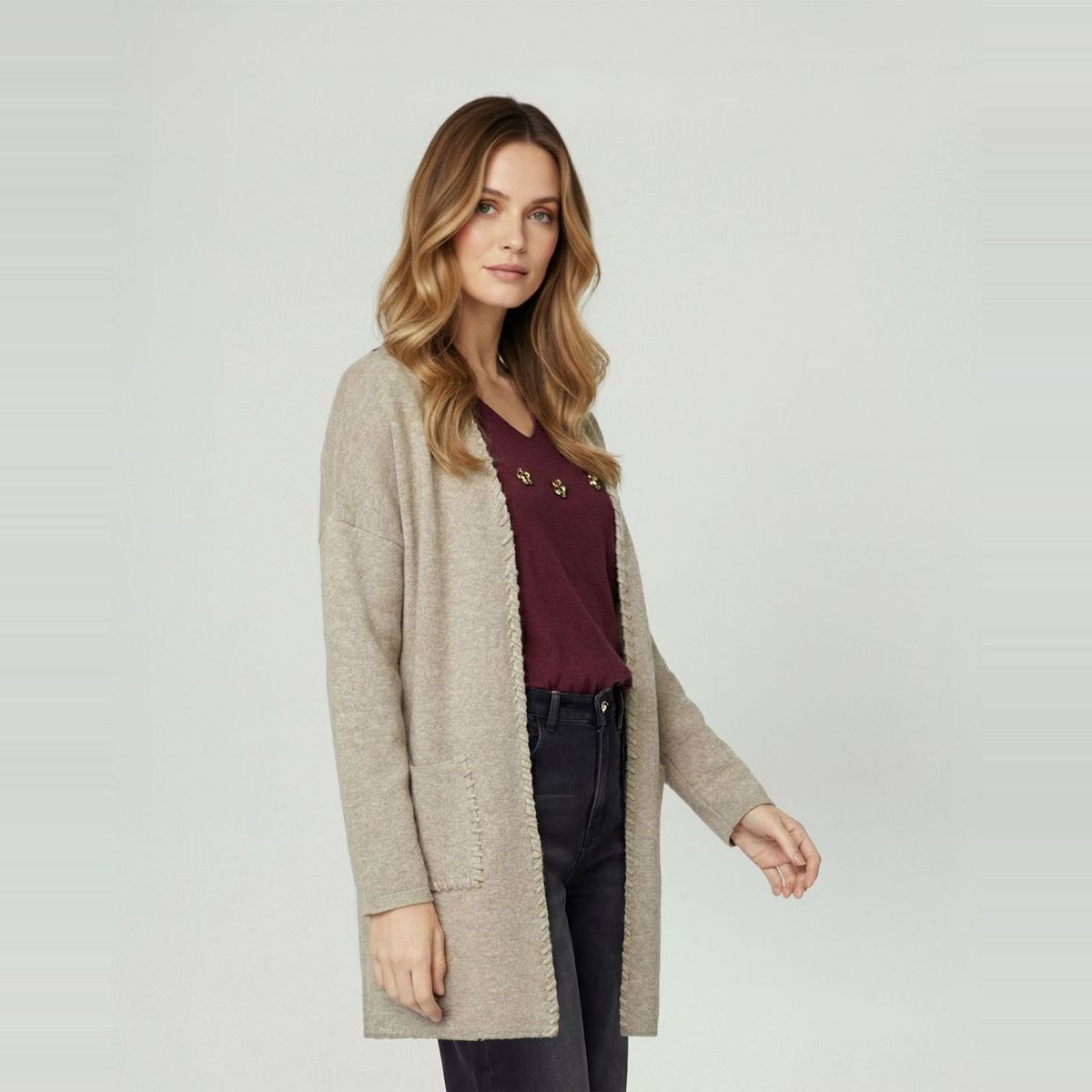 LINEATRE - Cardigan Mujer Gianna Relaxed Cuello Tipo Kimono Manga Caída Crudo Lineatre