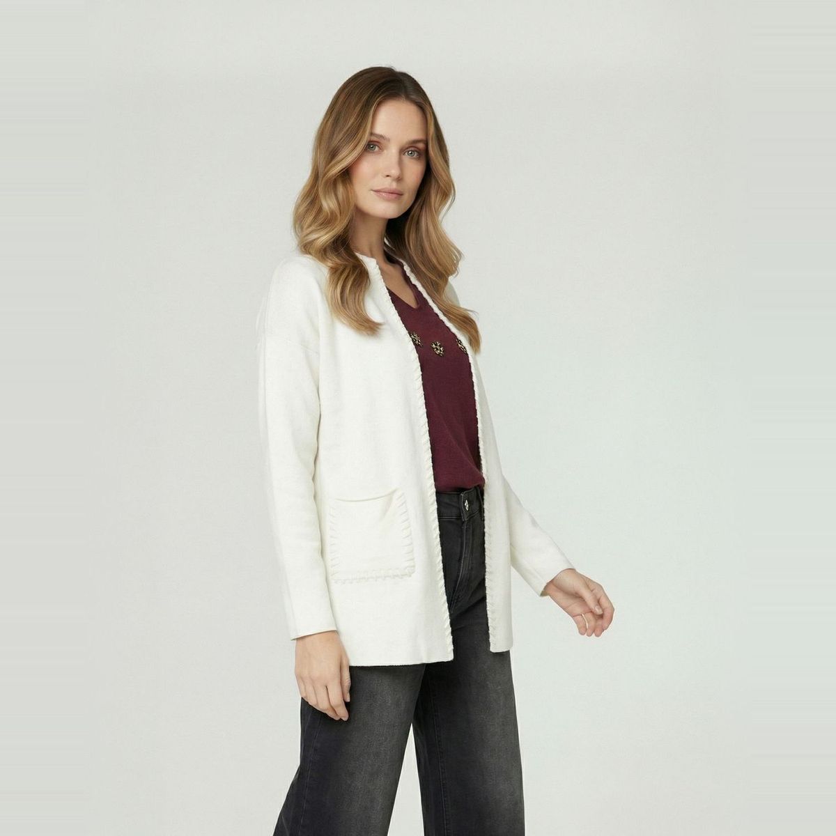 LINEATRE - Cardigan Mujer Gianna Relaxed Cuello Tipo Kimono Manga Caída Crudo Lineatre