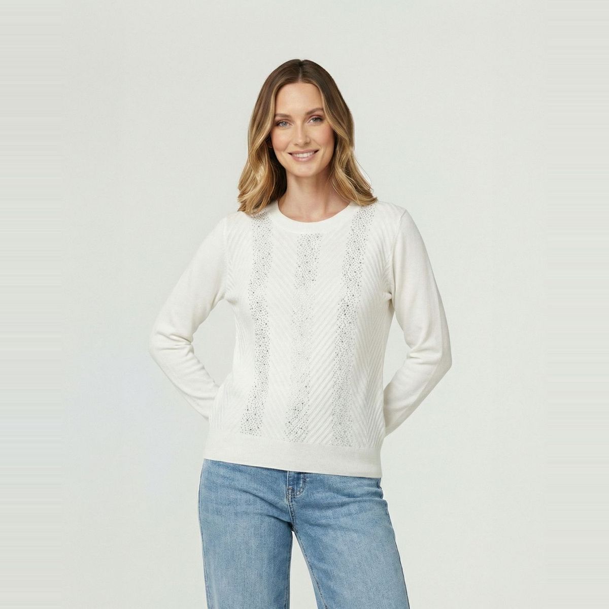 LINEATRE - Sweater Mujer Rita Relaxed Cuello Redondo Manga Caída Crudo Lineatre