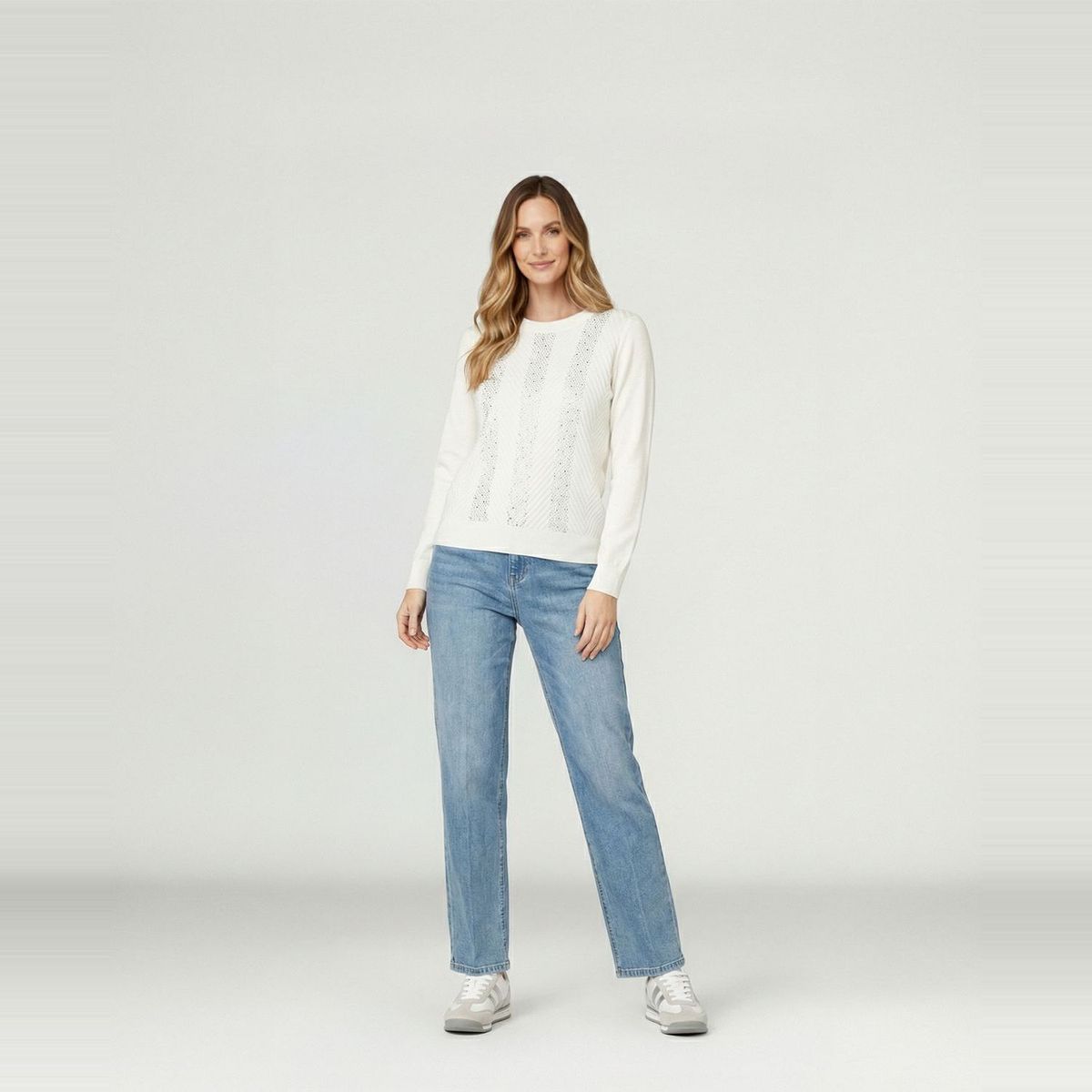 LINEATRE - Sweater Mujer Rita Relaxed Cuello Redondo Manga Caída Crudo Lineatre
