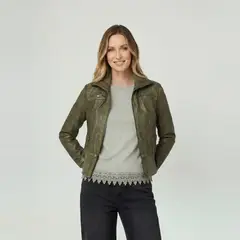 LINEATRE - Chaqueta Mujer Francisca Regular Cuello Alto Solapa Manga Suelta Militar