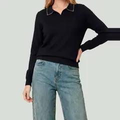 LINEATRE - Sweater Mujer Luciana Relaxed Cuello En V Tipo Camisa Manga Caída Negro