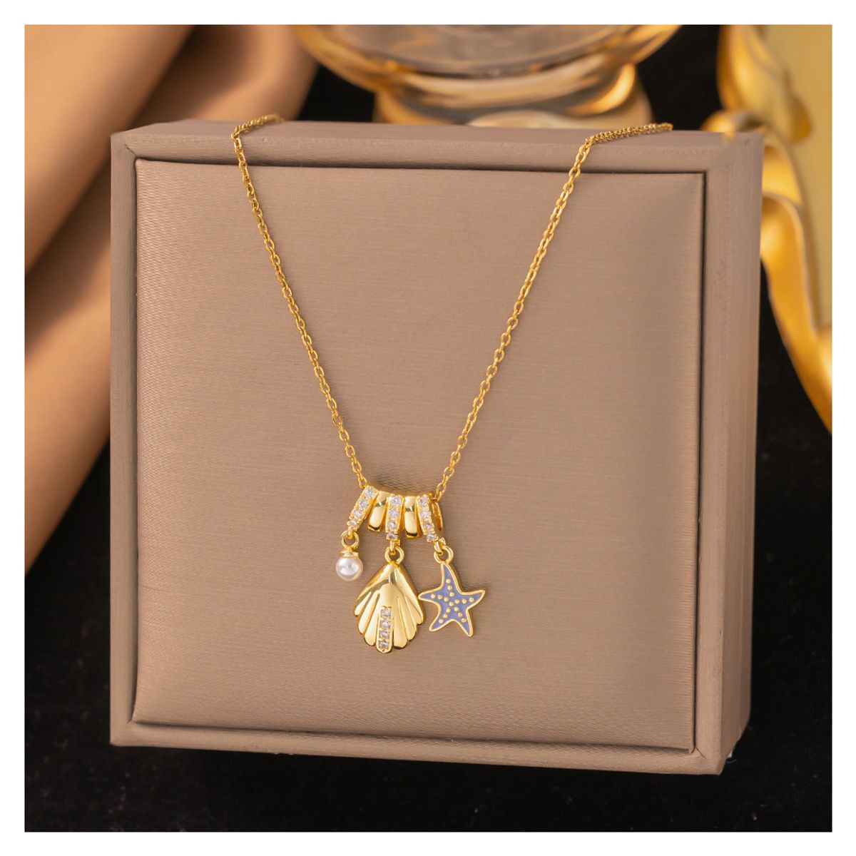 ZG JOYAS - Collar Colgante Mar Y Playa Galvanizado En Oro 14k
