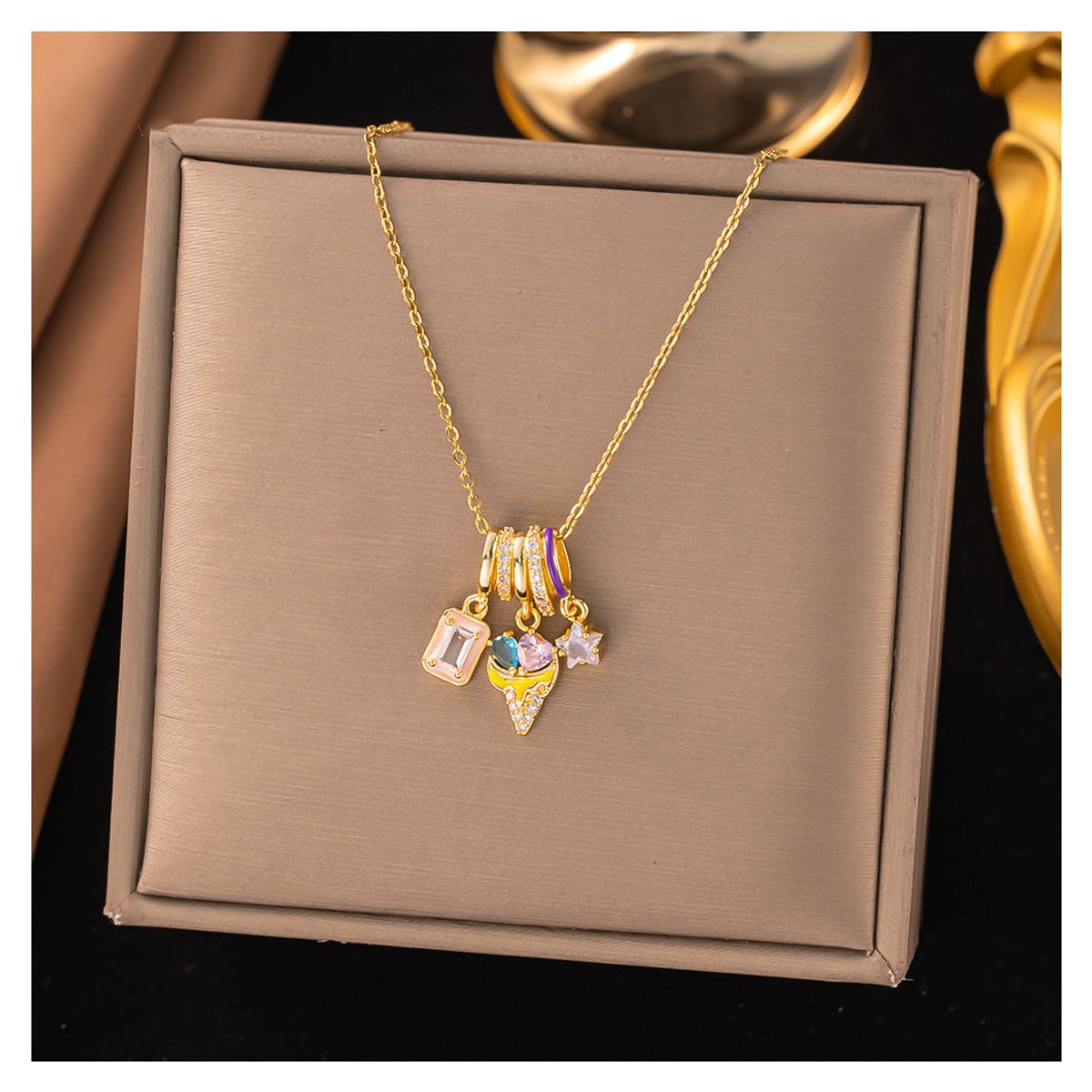 ZG JOYAS - Collar Colgante Helado Cristales Galvanizado En Oro 14k