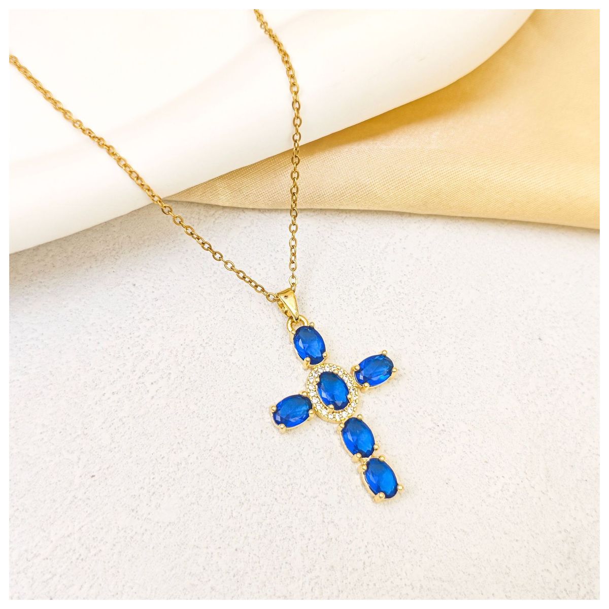 ZG JOYAS - Collar Colgante Cruz Zirconias Azules Galvanizado En Oro 14k