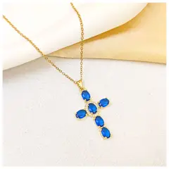 ZG JOYAS - Collar Colgante Cruz Zirconias Azules Galvanizado En Oro 14k