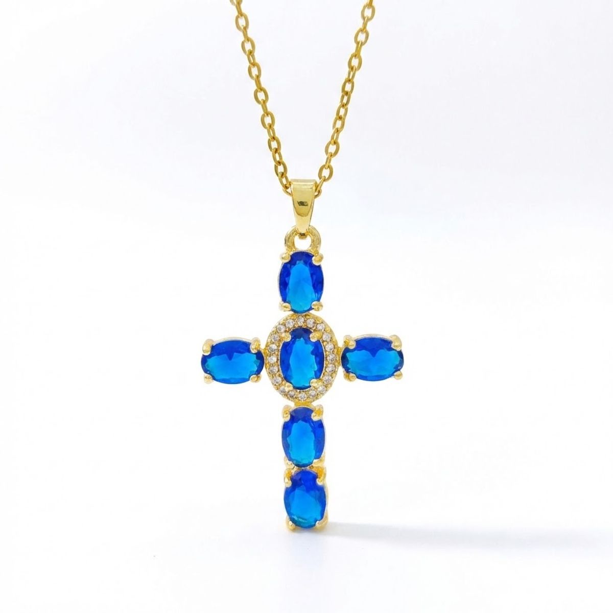 ZG JOYAS - Collar Colgante Cruz Zirconias Azules Galvanizado En Oro 14k