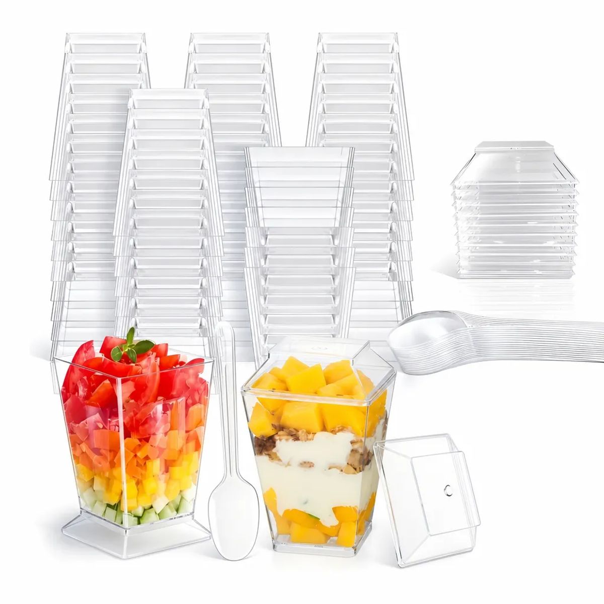 UMEXUS - Pack X50 Vasos Acrílico Con Tapa Para Postres 150ml+cucharas