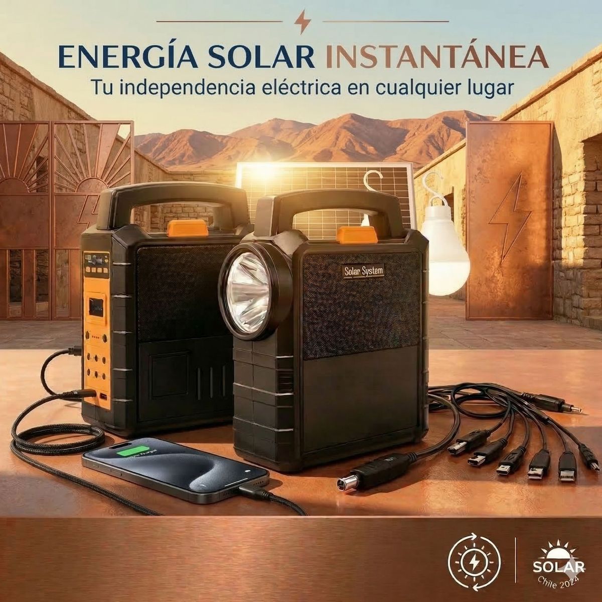 MOVI - Kit Solar Portátil 4 Ampolletas LED Radio y Cargador hasta 50h