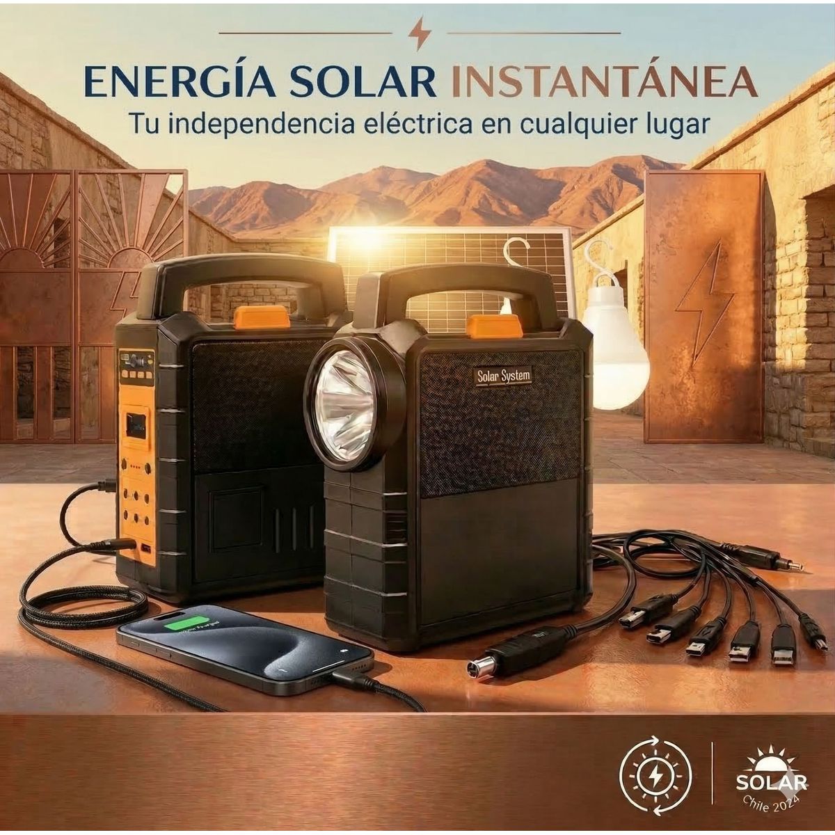 MOVI - Kit Solar Portátil 4 Ampolletas LED Radio y Cargador hasta 50h
